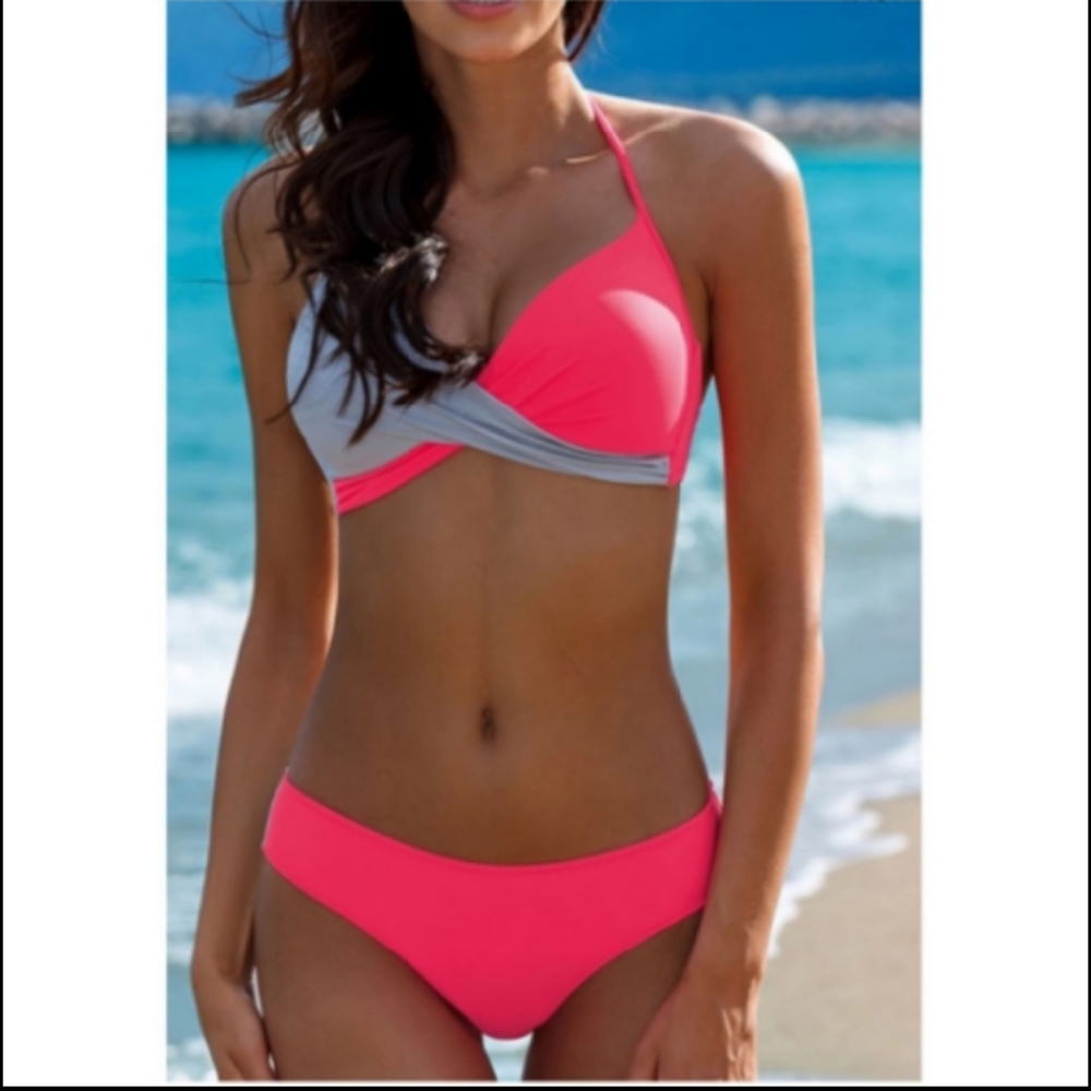 LAST 1🚩 HOT PINK & GRAY CROSSED FRONT BIKINI